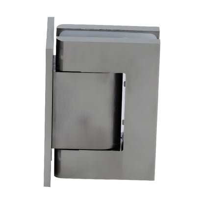 Satin nickel full-back oil-damped wall hinge for frameless glass doors, adjustable self-closing (SKU H8010BTSN)