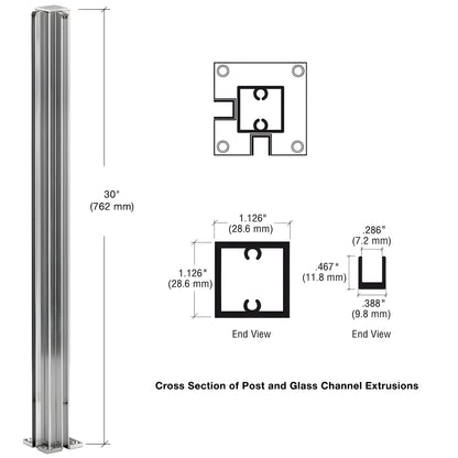 D990BA30CR bright anodized aluminum 90 corner partition post, 30" tall, 1 1/8" square with U channel for 1/4" glass.