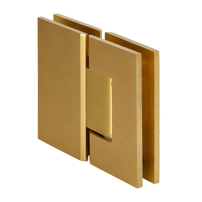 GEN180SB Geneva satin brass glass-to-glass shower hinge, solid brass square profile for 8-12mm tempered glass.