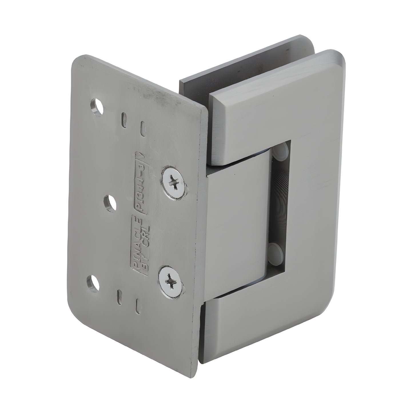 Pinnacle adjustable shower hinge, brushed nickel, brass wall mount for 8-12mm tempered glass. SKU P1N344BN