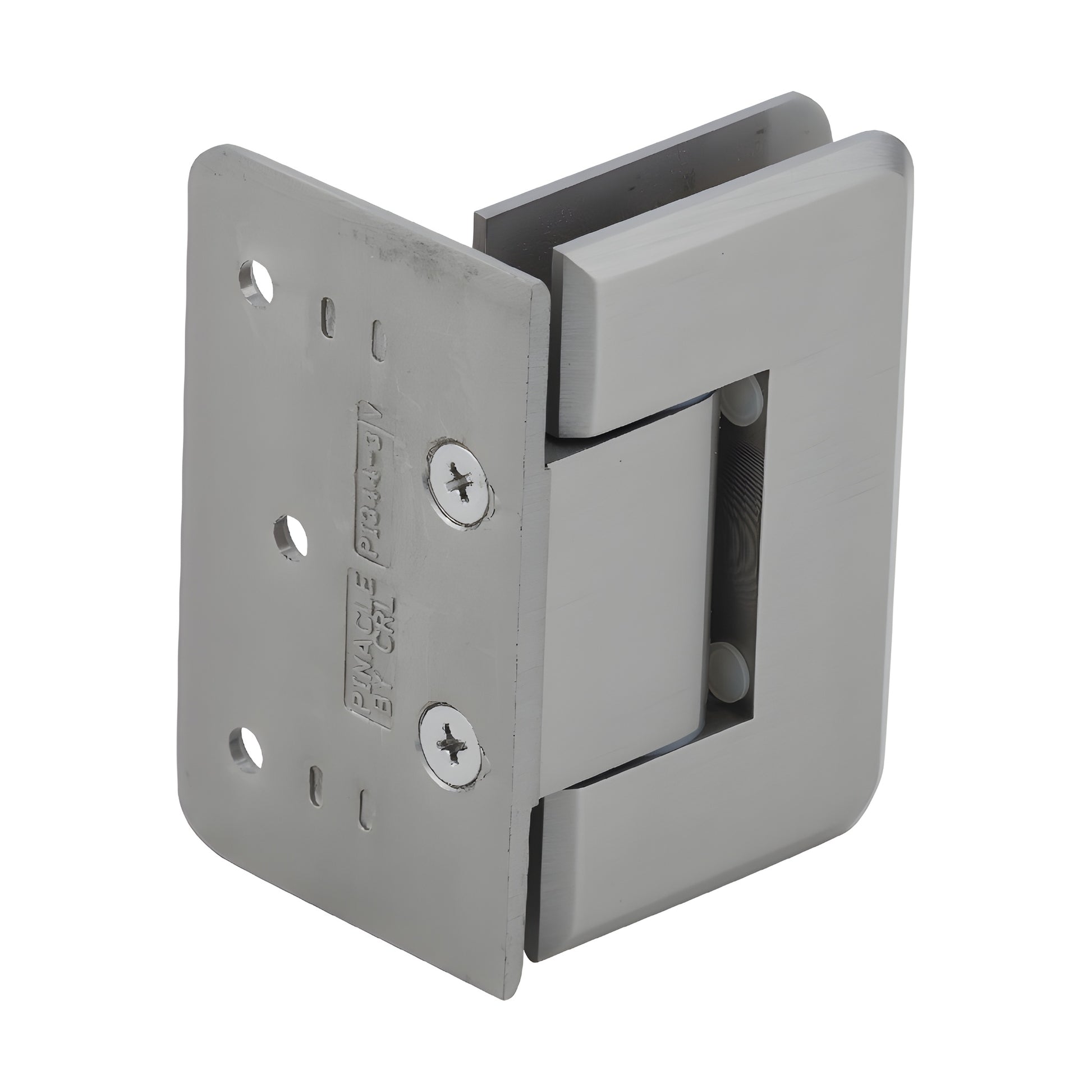 Pinnacle adjustable shower hinge, brushed nickel, brass wall mount for 8-12mm tempered glass. SKU P1N344BN