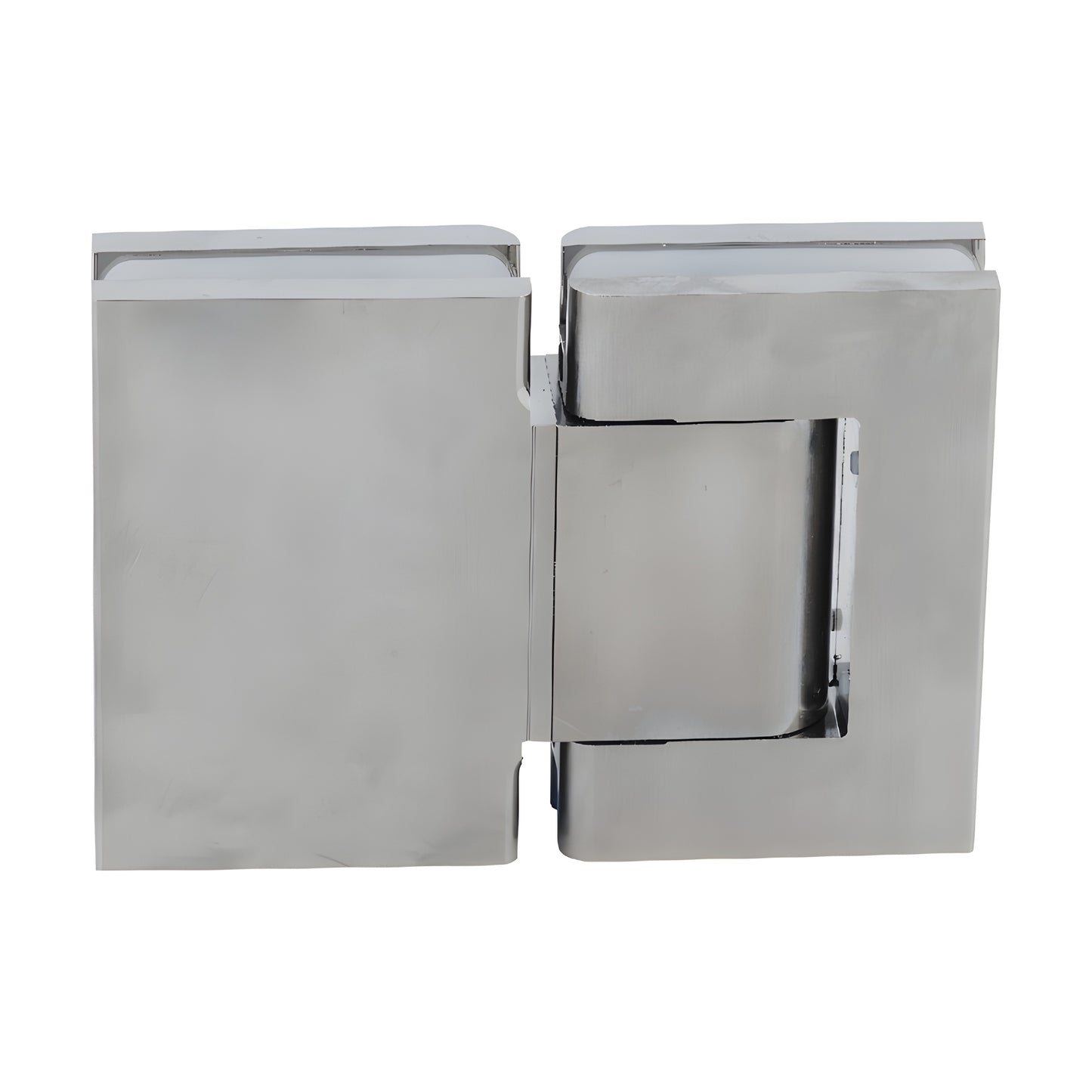 H8215BTSN satin nickel aluminum glass-to-glass oil-dynamic hinge, self-closing for 8-14mm frameless glass.
