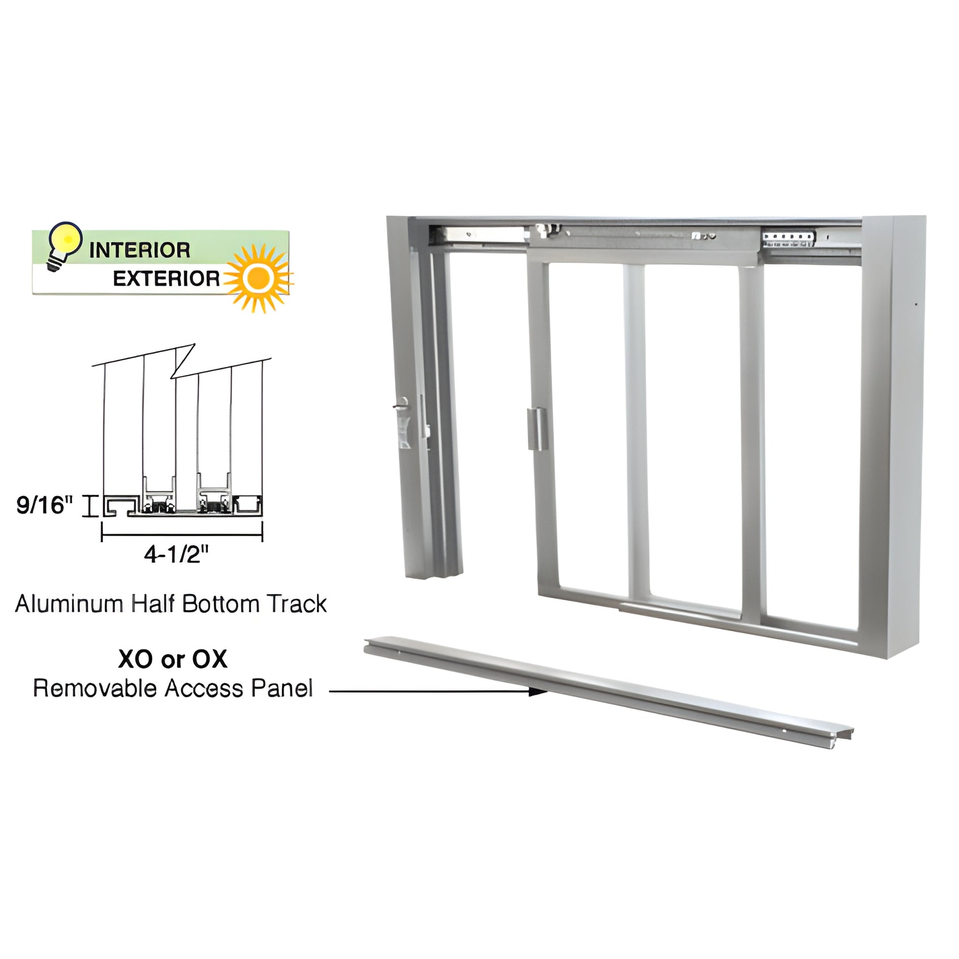 SCDW1801A satin anodized aluminum self closing sliding service window (XO/OX) with removable access panel.