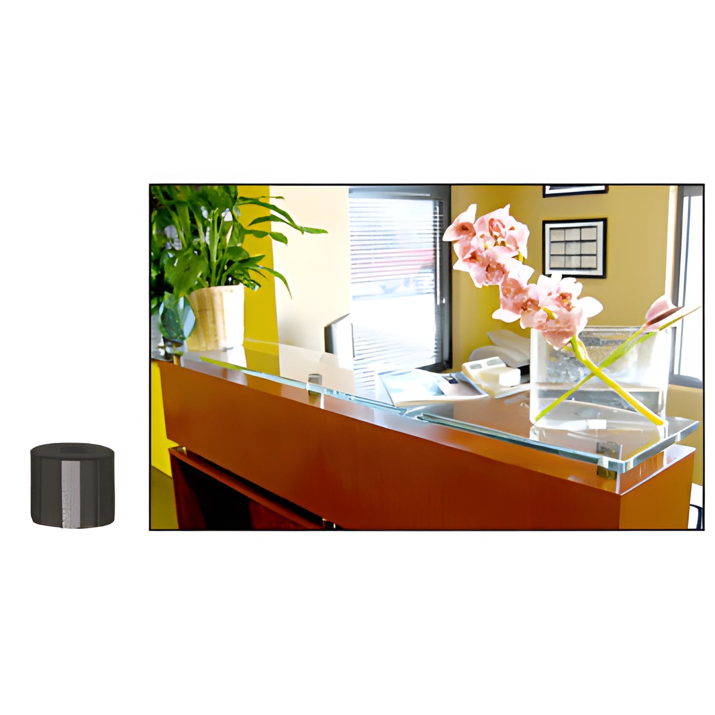 Gun metal 3/4" brass standoff (SKU S0B3434GM) shown with glass countertop standoff on a reception desk with plant and flowers