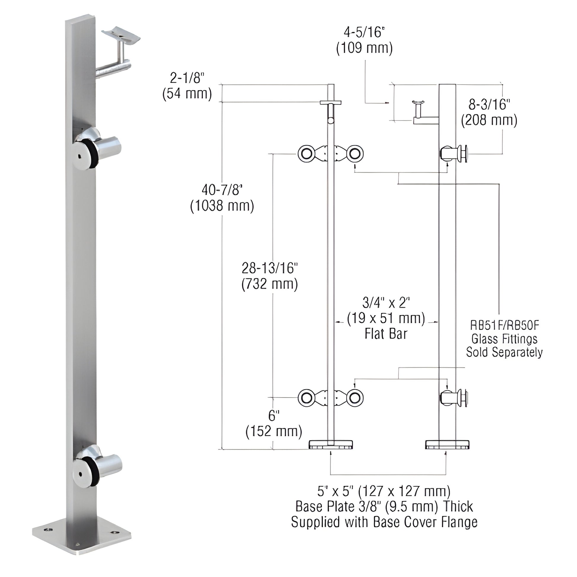 P342LEBS stainless steel surface-mounted rectangular railing post with 5"x5" base plate and glass standoffs
