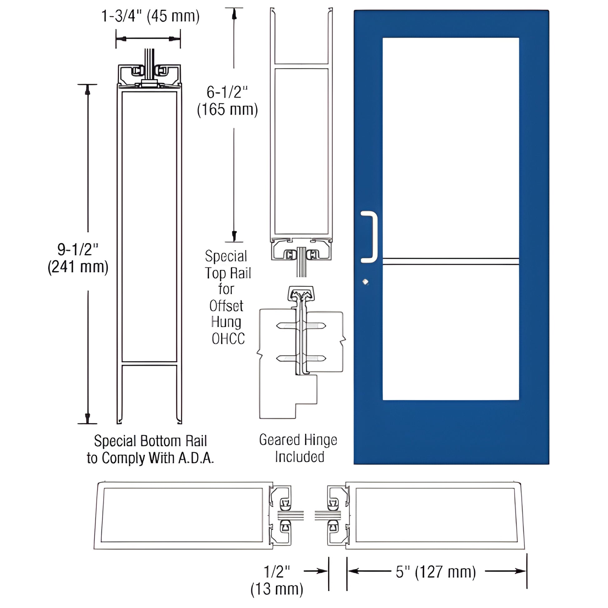 CRL custom wide-stile blue entrance door CD51971 - 5 in stiles, 9.5 in ADA bottom rail, gear-hinge and glass-stop ready.