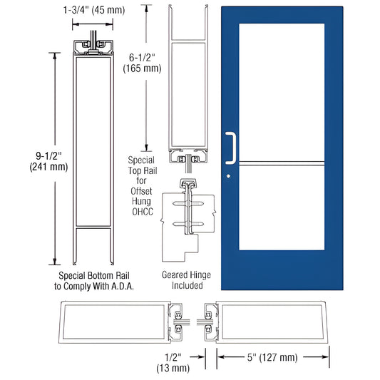 CRL custom wide-stile blue entrance door CD51971 - 5 in stiles, 9.5 in ADA bottom rail, gear-hinge and glass-stop ready.