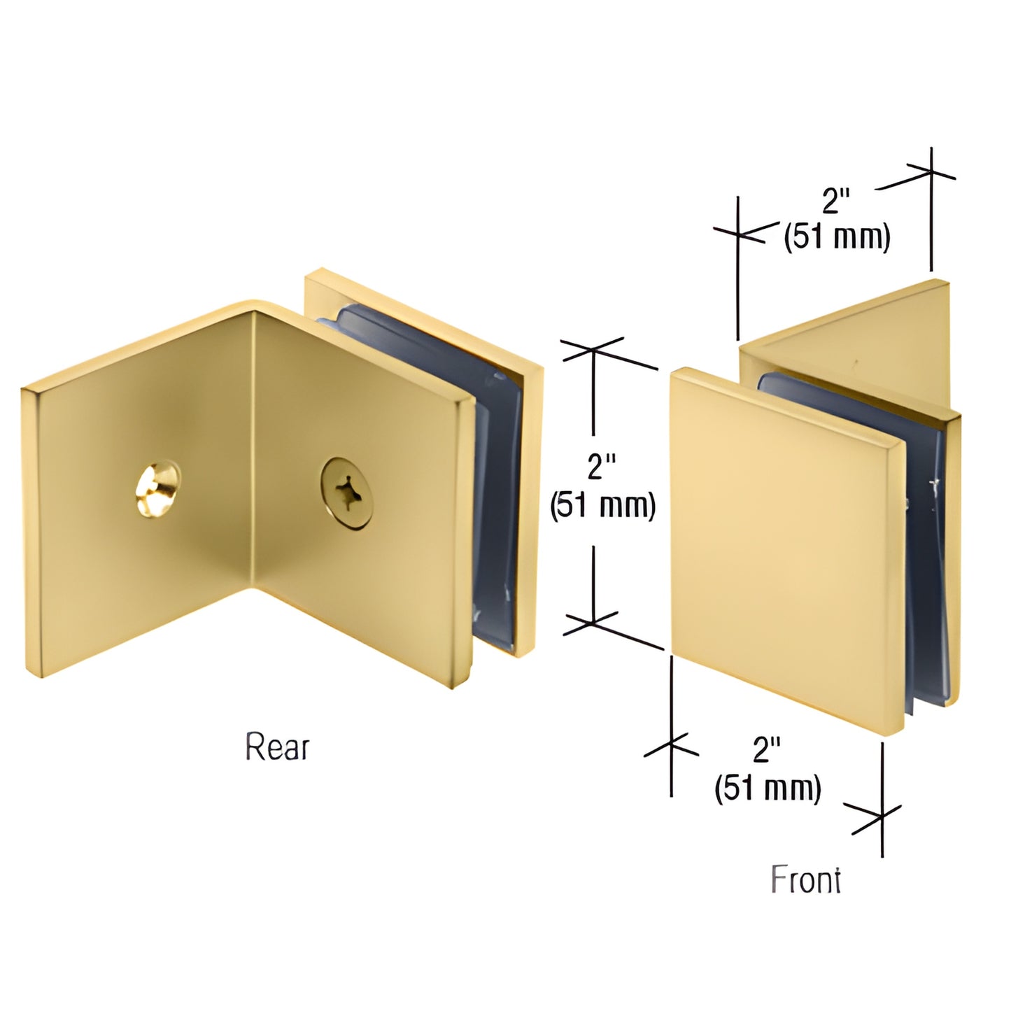 Satin brass fixed-panel square clamp (SGC039SB), 2" large-leg wall mount for 3/8-1/2" tempered glass