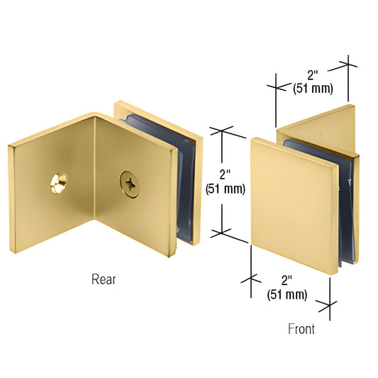 Satin brass fixed-panel square clamp (SGC039SB), 2" large-leg wall mount for 3/8-1/2" tempered glass