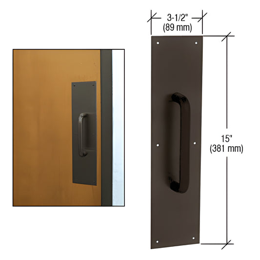 M8710B oil-rubbed bronze 3/4 solid pull handle on 3.5 15 mounting plate, shown installed on door and standalone.