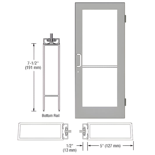 Clear anodized wide-stile commercial entrance door (SKU HE51511), 5" stiles, 7-1/2" bottom rail, fits 1/4" tempered glass.