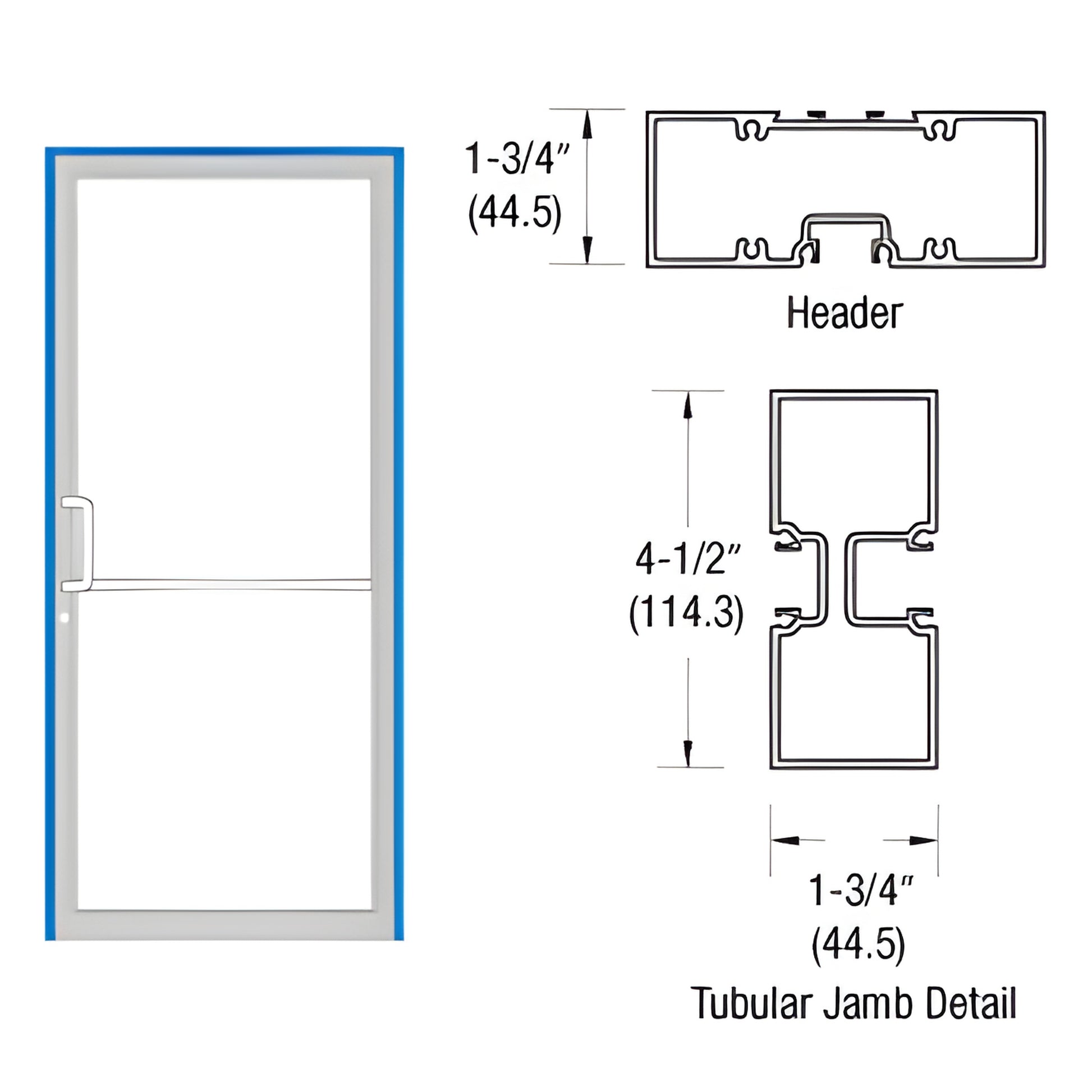 FR41871 aluminum gear-hinge frame diagram showing 1-3/4" x 4-1/2" tubular jamb, header, threshold and door outline