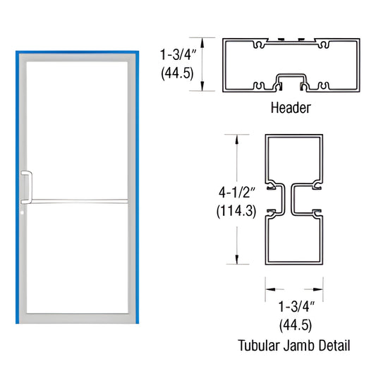FR41871 aluminum gear-hinge frame diagram showing 1-3/4" x 4-1/2" tubular jamb, header, threshold and door outline