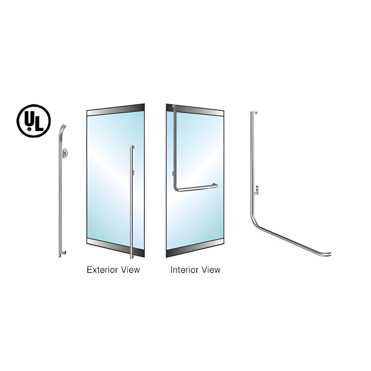 PA100 panic door handle, brushed stainless tubular panic bar for 1/2"-3/4" tempered glass, low profile rail mount.