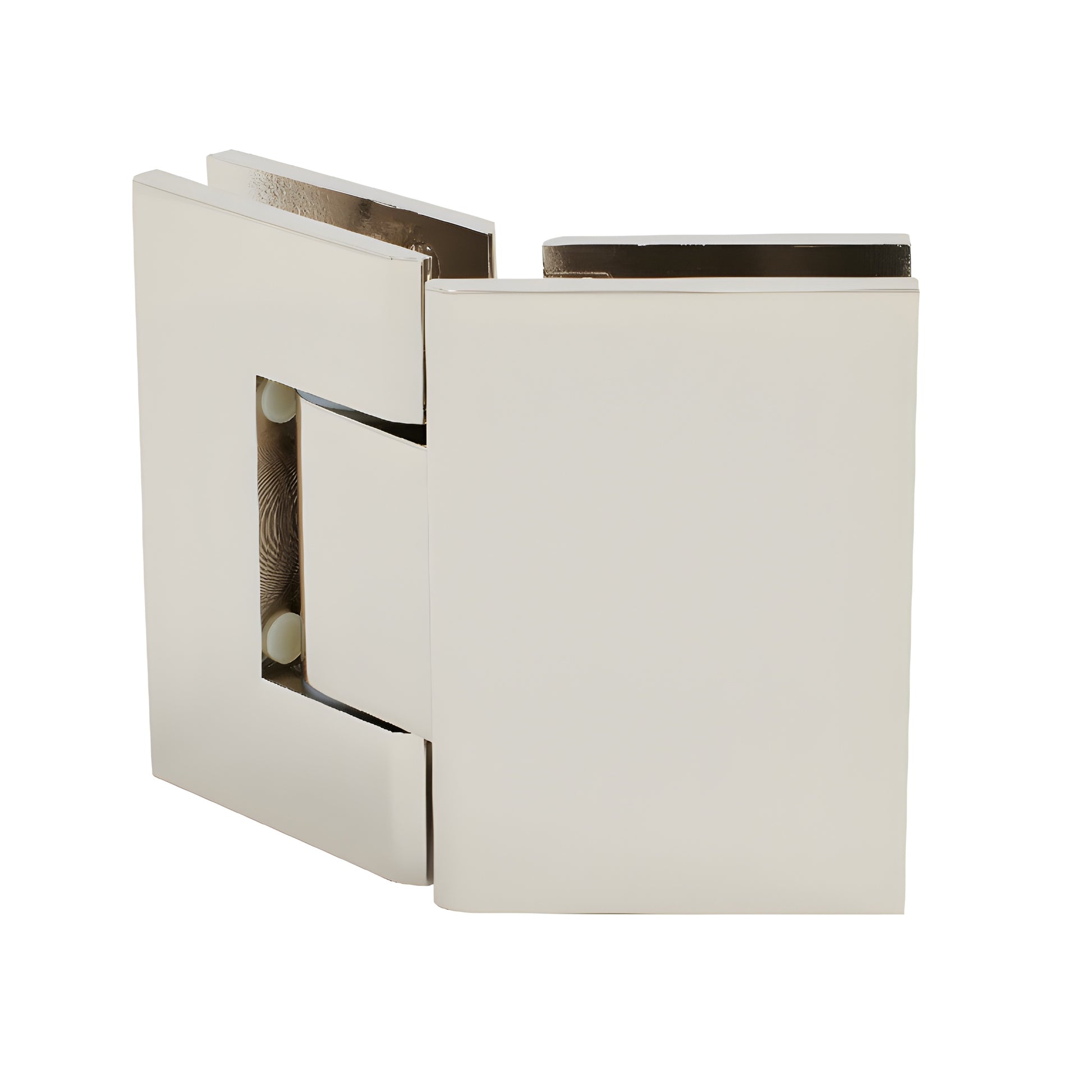 Polished nickel brass Geneva adjustable glass-to-glass shower hinge, self-centering, fits 8-12mm glass (GEN345PN)