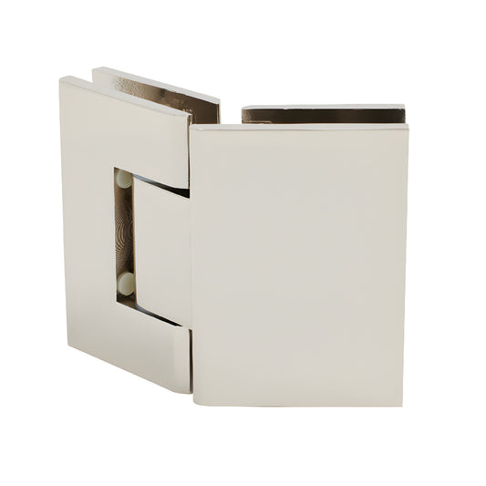 Polished nickel brass Geneva adjustable glass-to-glass shower hinge, self-centering, fits 8-12mm glass (GEN345PN)