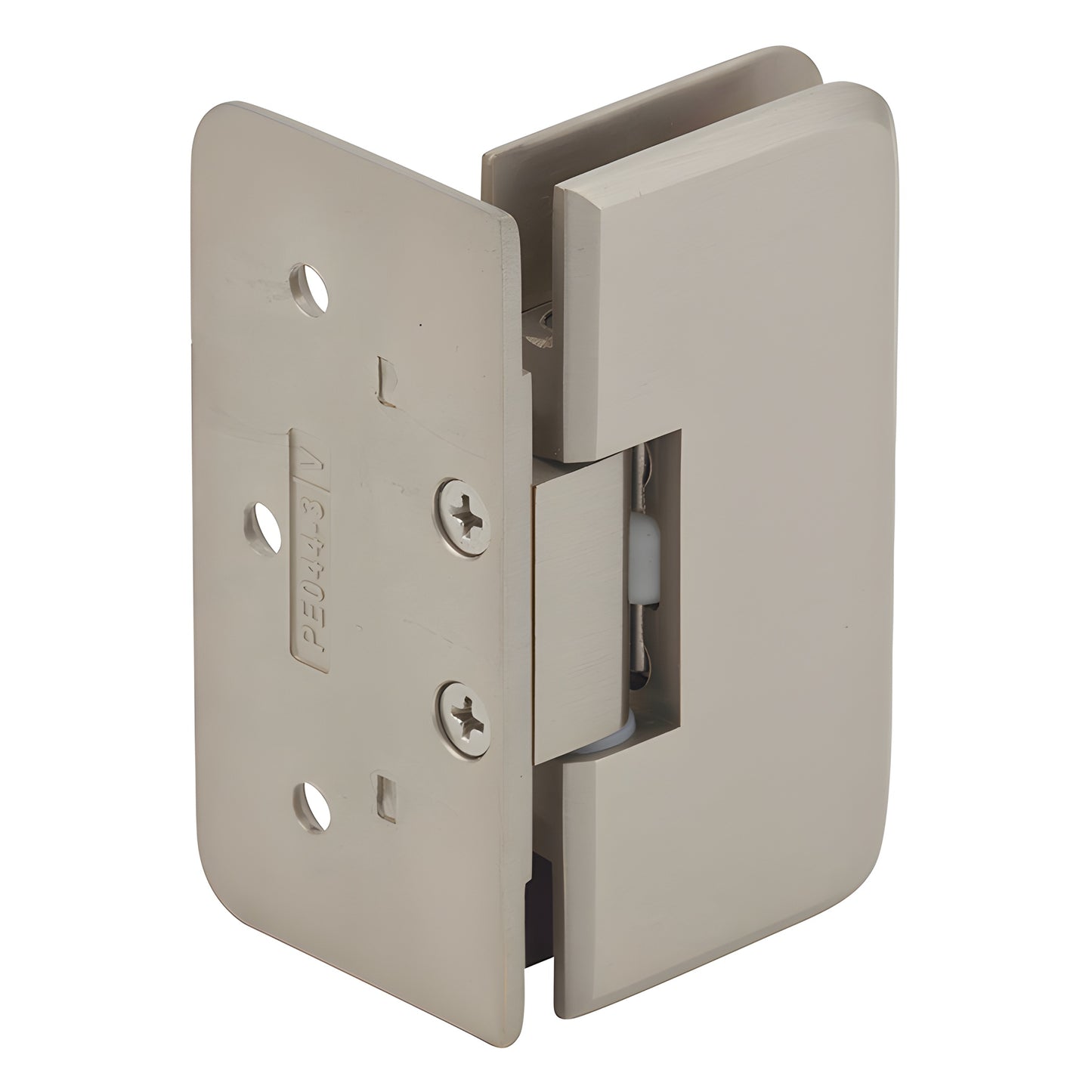 PET044BN brushed-nickel wall-mount offset shower hinge, brass, for 1/4-5/16 (6-8mm) frameless glass.