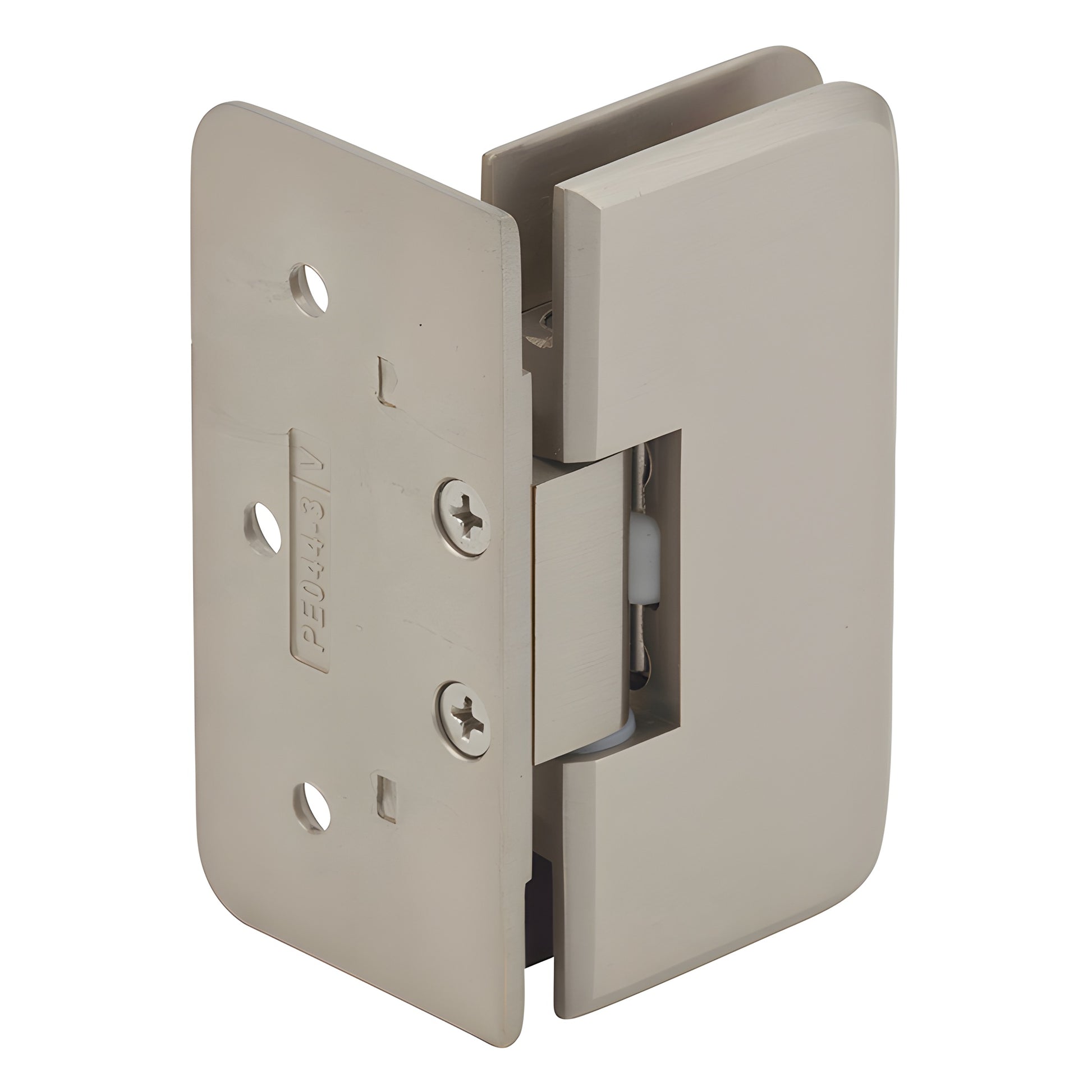 PET044BN brushed-nickel wall-mount offset shower hinge, brass, for 1/4-5/16 (6-8mm) frameless glass.