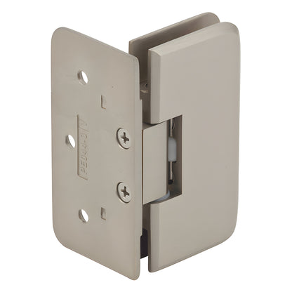 PET044BN brushed-nickel wall-mount offset shower hinge, brass, for 1/4-5/16 (6-8mm) frameless glass.