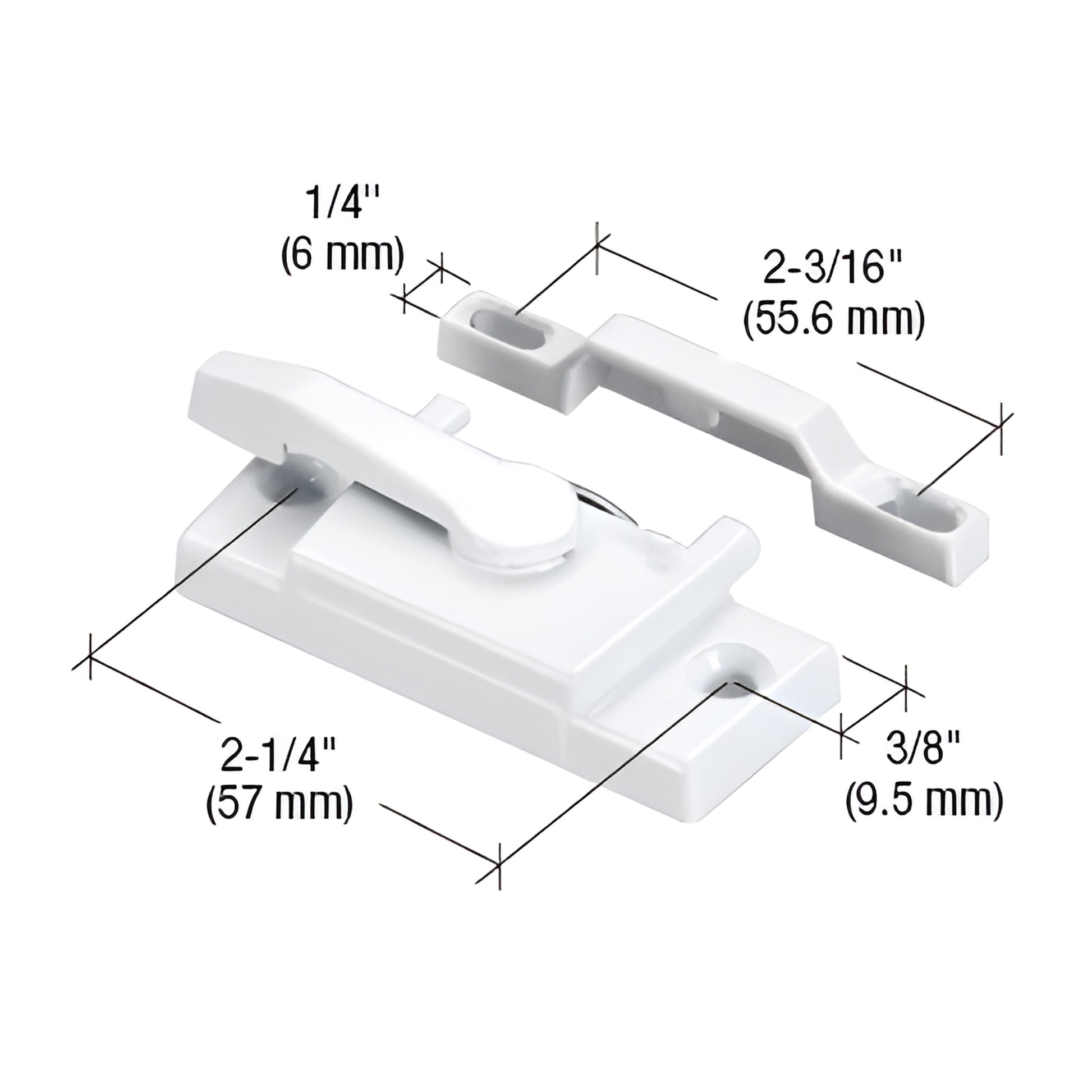 White diecast cam-action sash lock with keeper and screws, SKU F2744
