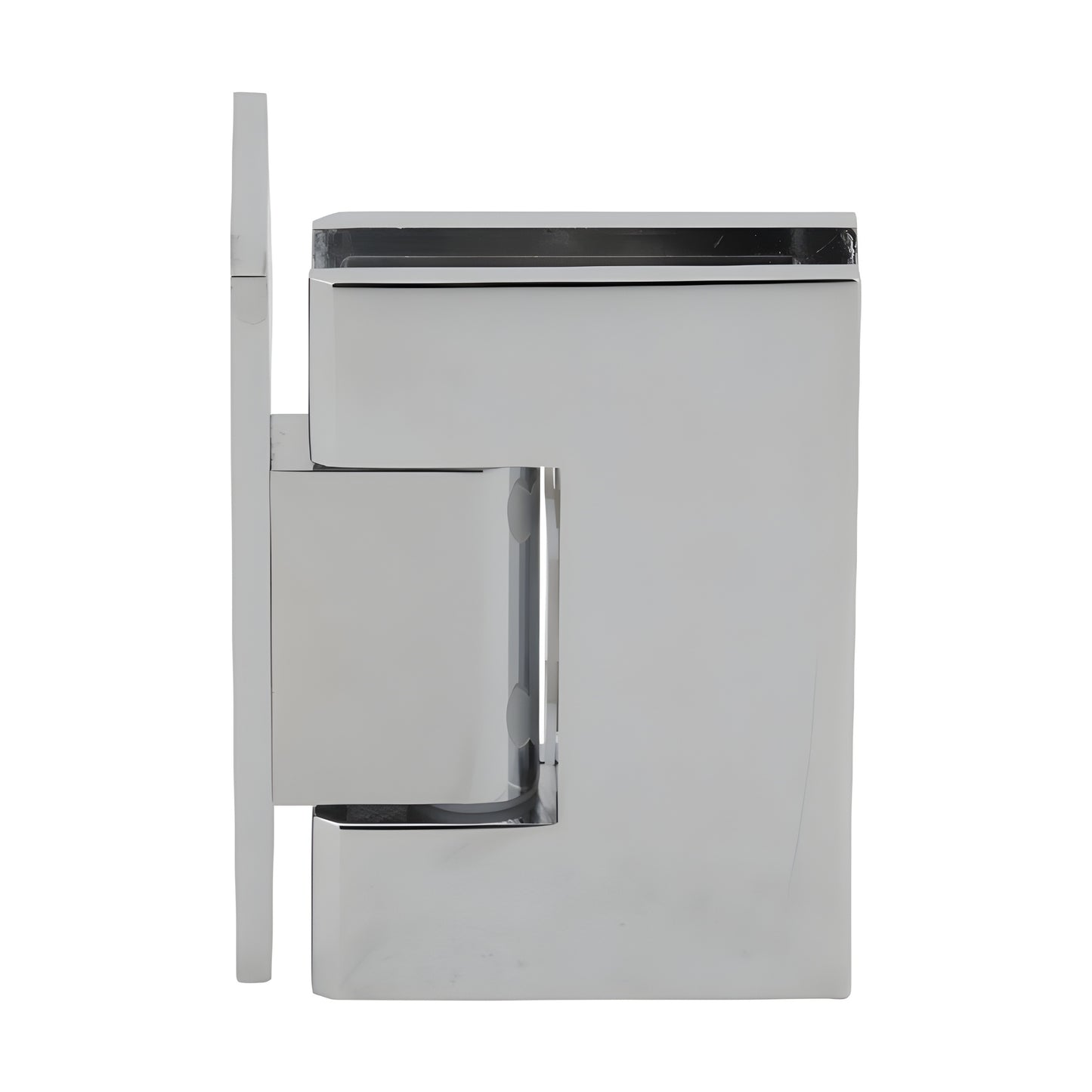 Polished chrome solid brass Melbourne shower door hinge (SKU MEL044CH) for 8-12mm tempered glass, wall-mount, self-centering.