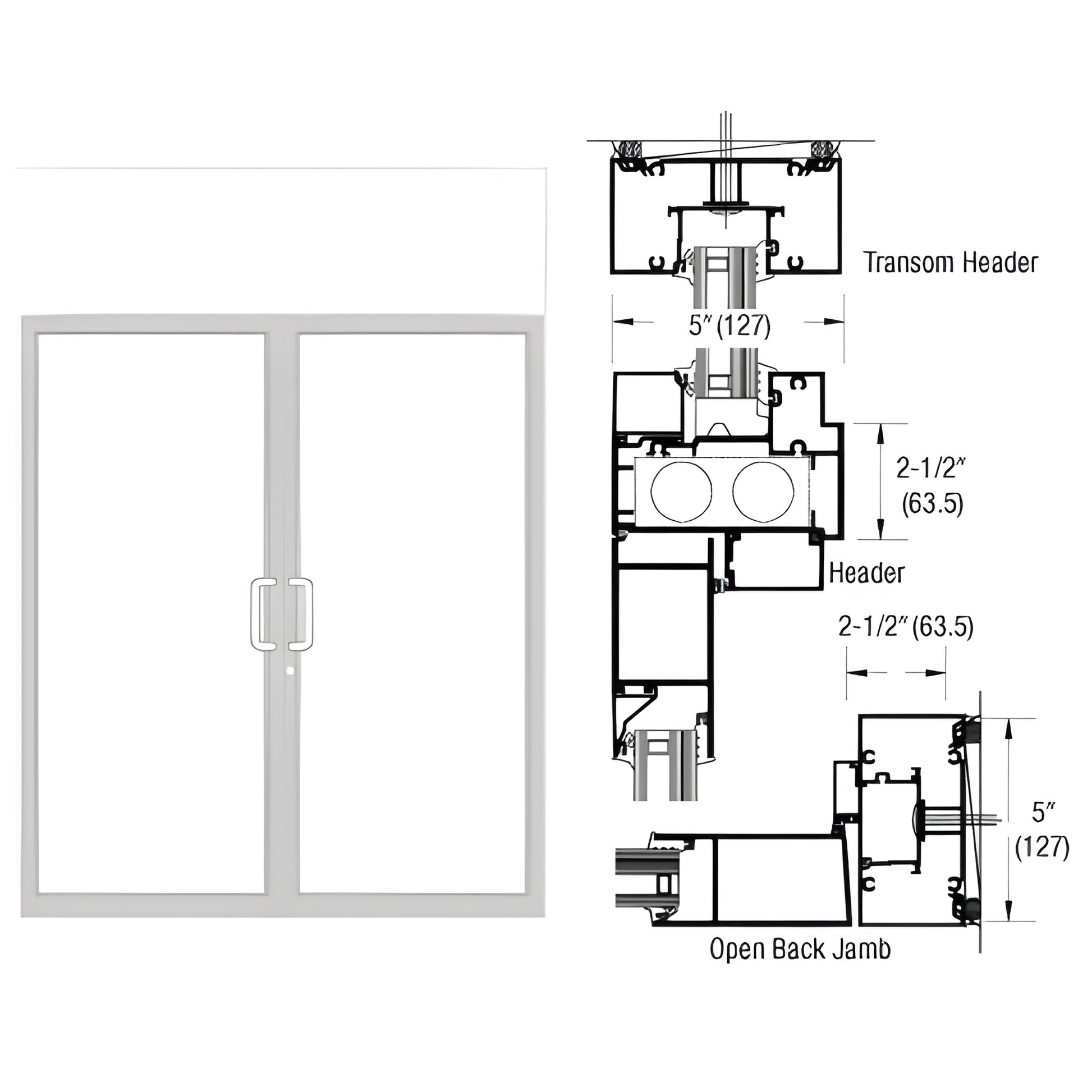 White Kynar custom double transom impact door frame 0F92452; double doors with center pull handles and sectional diagrams.
