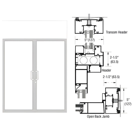 White Kynar custom double transom impact door frame 0F92452; double doors with center pull handles and sectional diagrams.