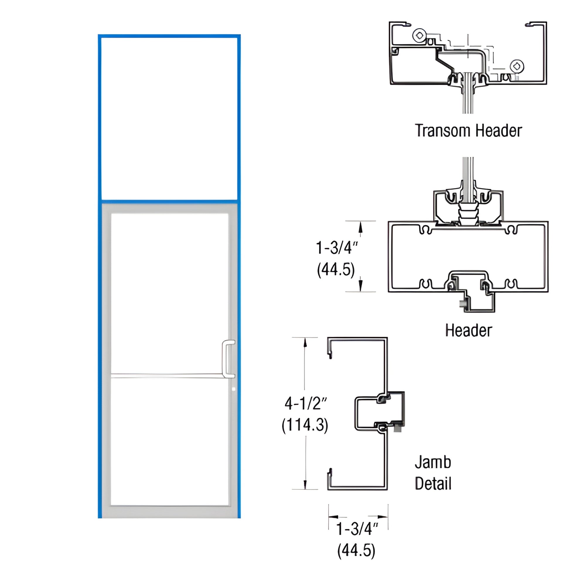 Transom frame (SKU 0B61511R36) clear anodized, prepped 39-1/2"x126" for single 36"x84" door with TH250 threshold.