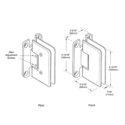 Brushed-bronze solid brass adjustable shower door hinge for 3/8-1/2" glass, wall-mount (SKU C0L337BBRZ)