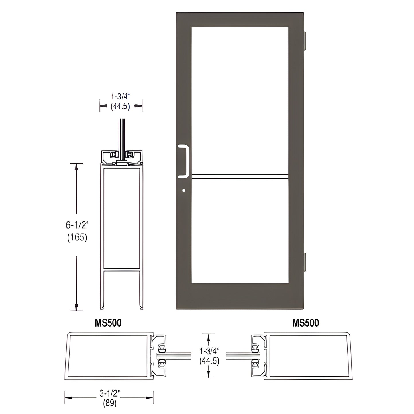 Black bronze anodized 36x84" commercial medium-stile glass door with left latch, push-pull handle, and hinges.