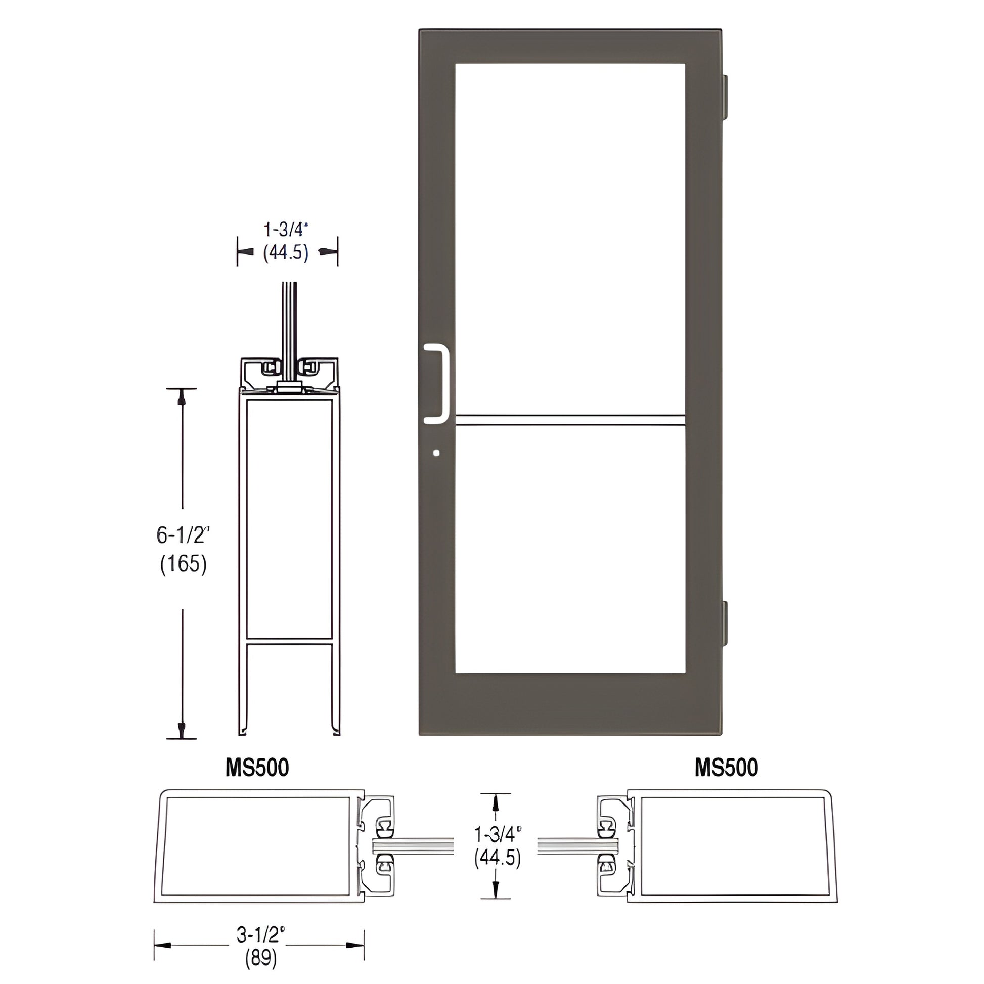 Black bronze anodized 36x84" commercial medium-stile glass door with left latch, push-pull handle, and hinges.