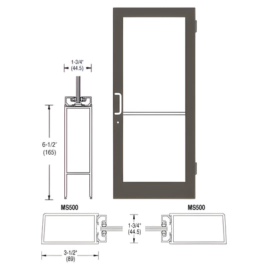 Black bronze anodized 36x84" commercial medium-stile glass door with left latch, push-pull handle, and hinges.