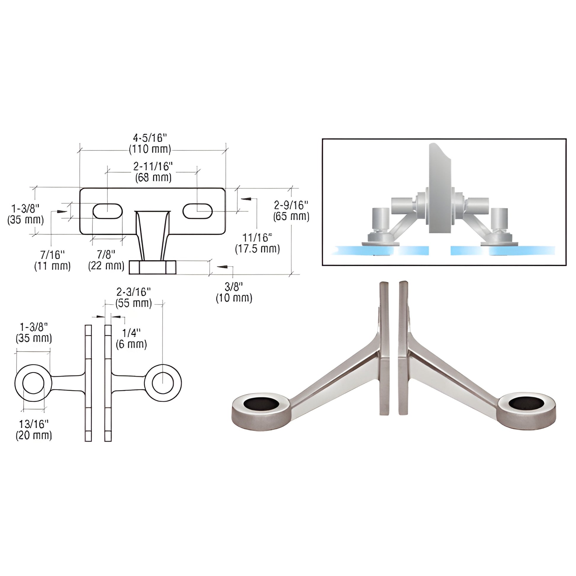 GRF2BS stainless steel wall/fin mount fitting for two inline glass panels; front photo plus dimensional diagram.