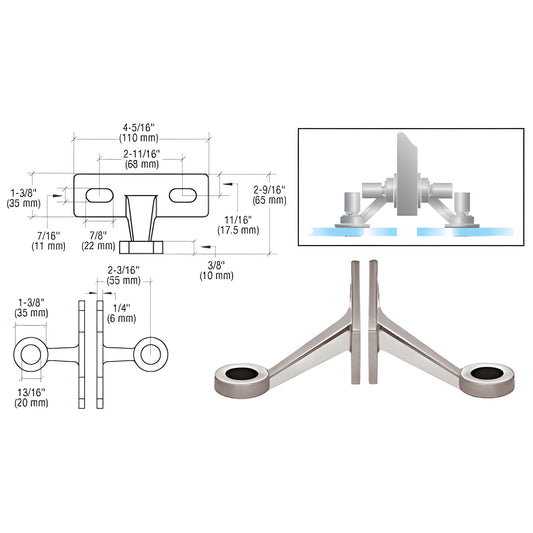GRF2BS stainless steel wall/fin mount fitting for two inline glass panels; front photo plus dimensional diagram.