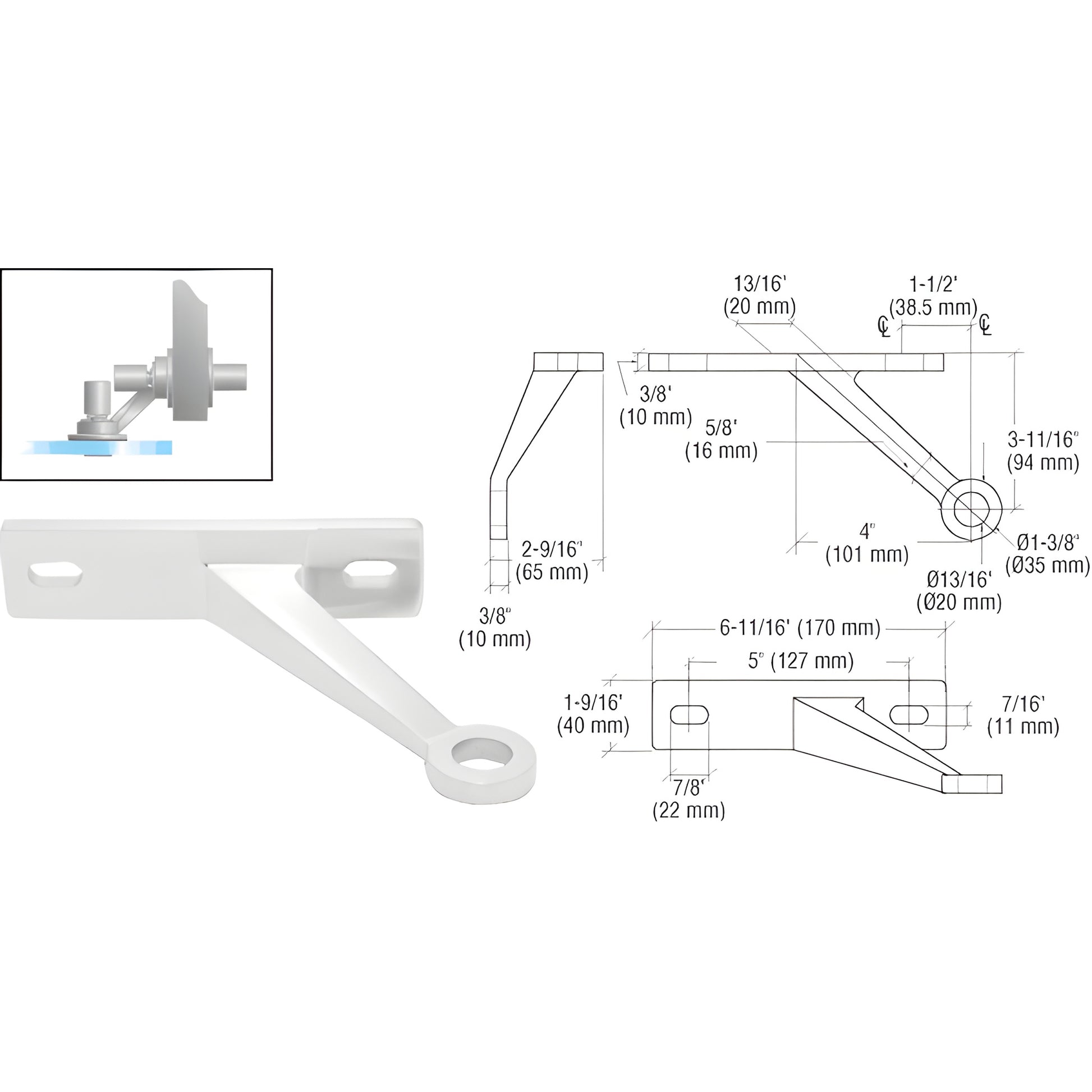 Stainless steel wall-mount glass fitting bracket for single 27mm panel, left-hand FMH1LHPS, includes studs and cap nuts.