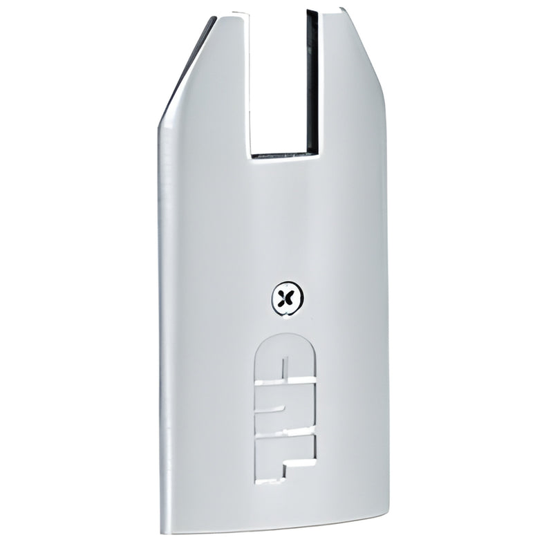 Polished stainless steel end cap for 4-inch tapered Wedge-Lock door rail, aluminum-clad - SKU DREC4TPS