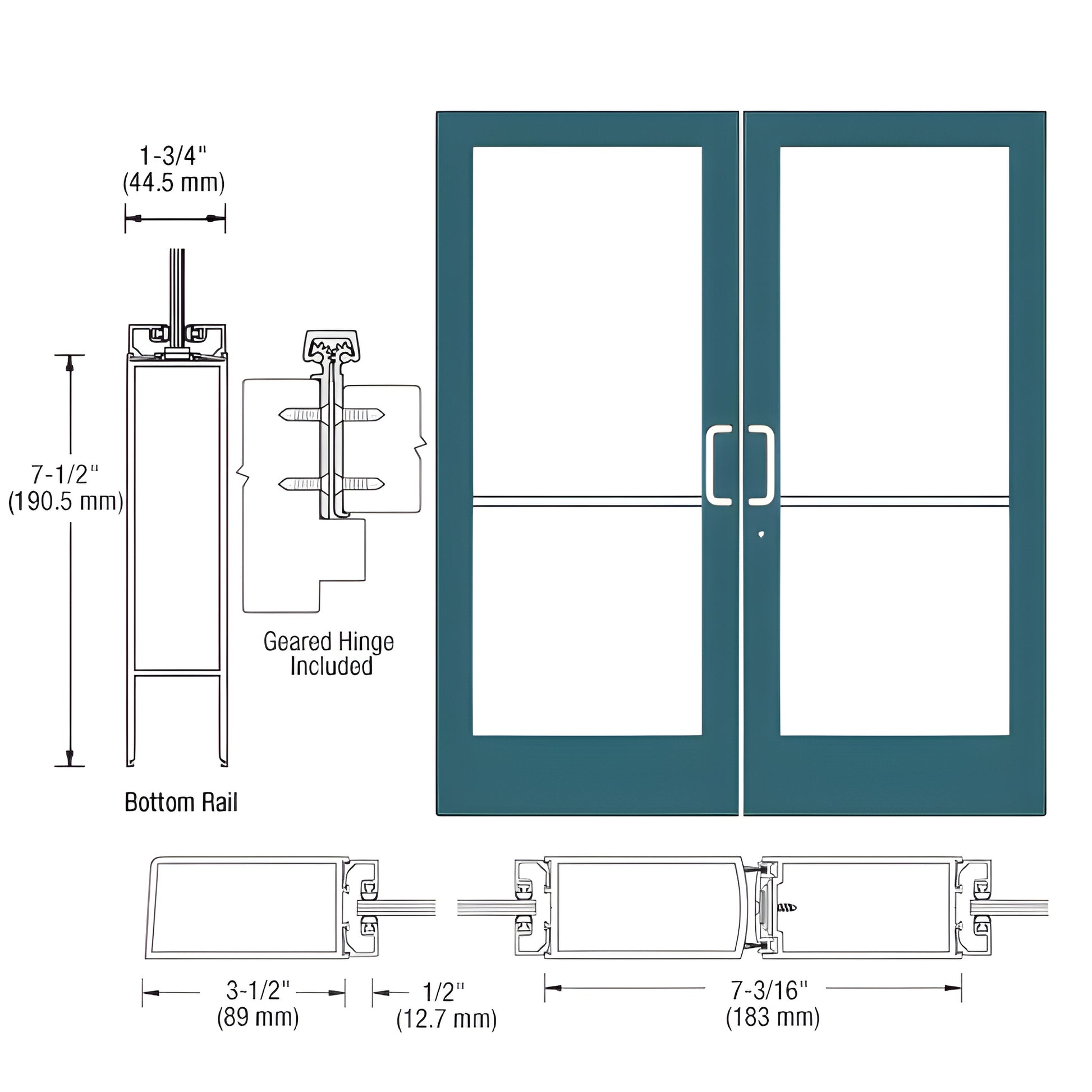 Double commercial medium-stile entrance doors (SKU HE42871), teal Custom Kynar frame, glass-ready, 7-1/2" bottom rail, geared