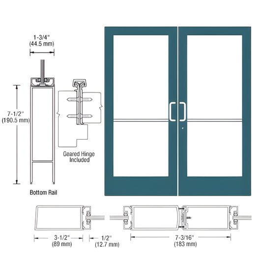 Double commercial medium-stile entrance doors (SKU HE42871), teal Custom Kynar frame, glass-ready, 7-1/2" bottom rail, geared