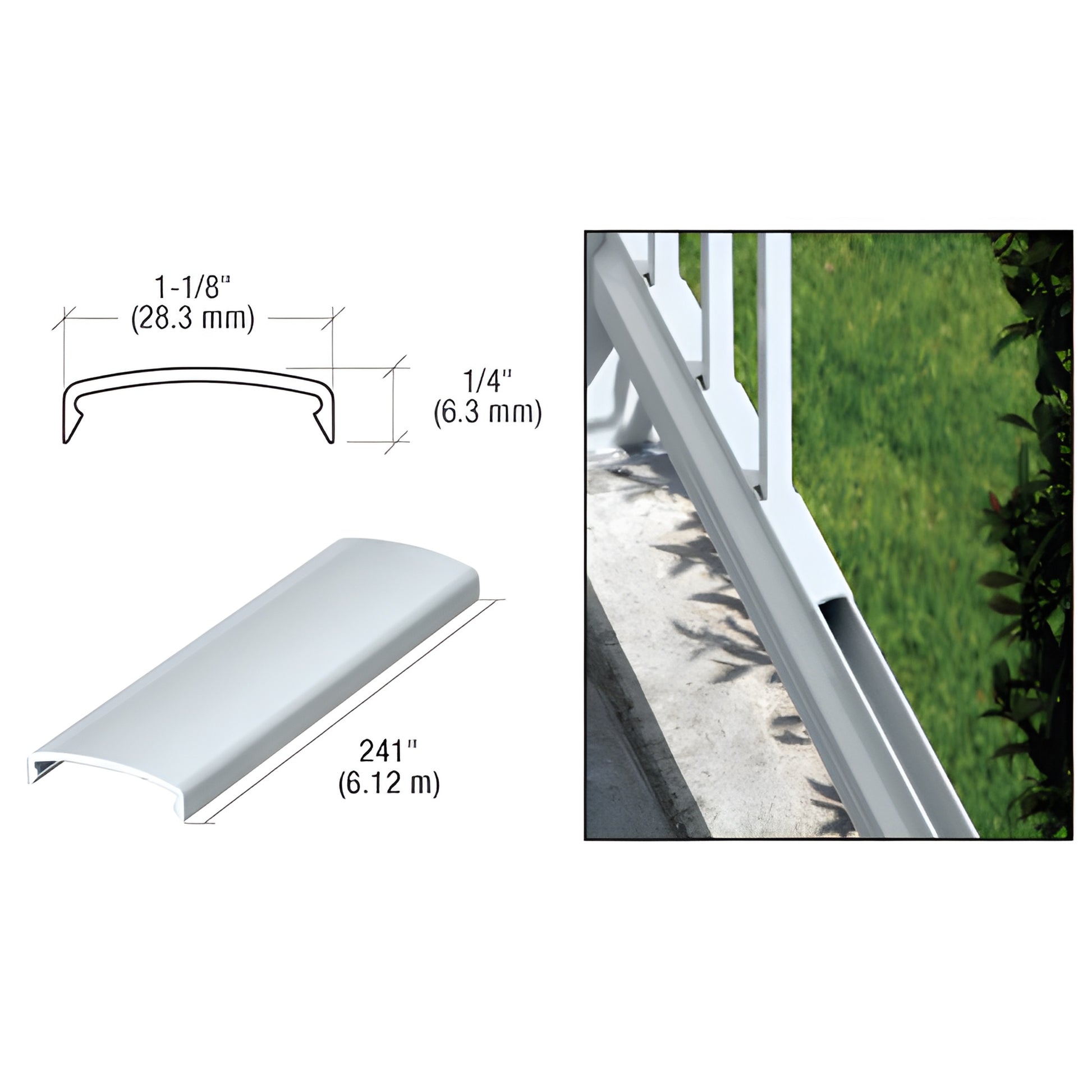 Aluminum mill-finish snap-on picket spacer, 241" long for 5/8" square pickets, SKU 1PS241M.