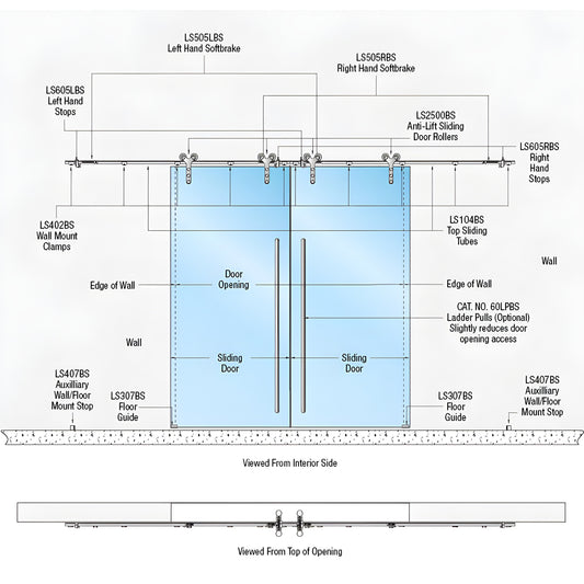 LSWM28BS wall-mount bi-parting stainless steel sliding door kit diagram with Softbrake and anti-lift rollers