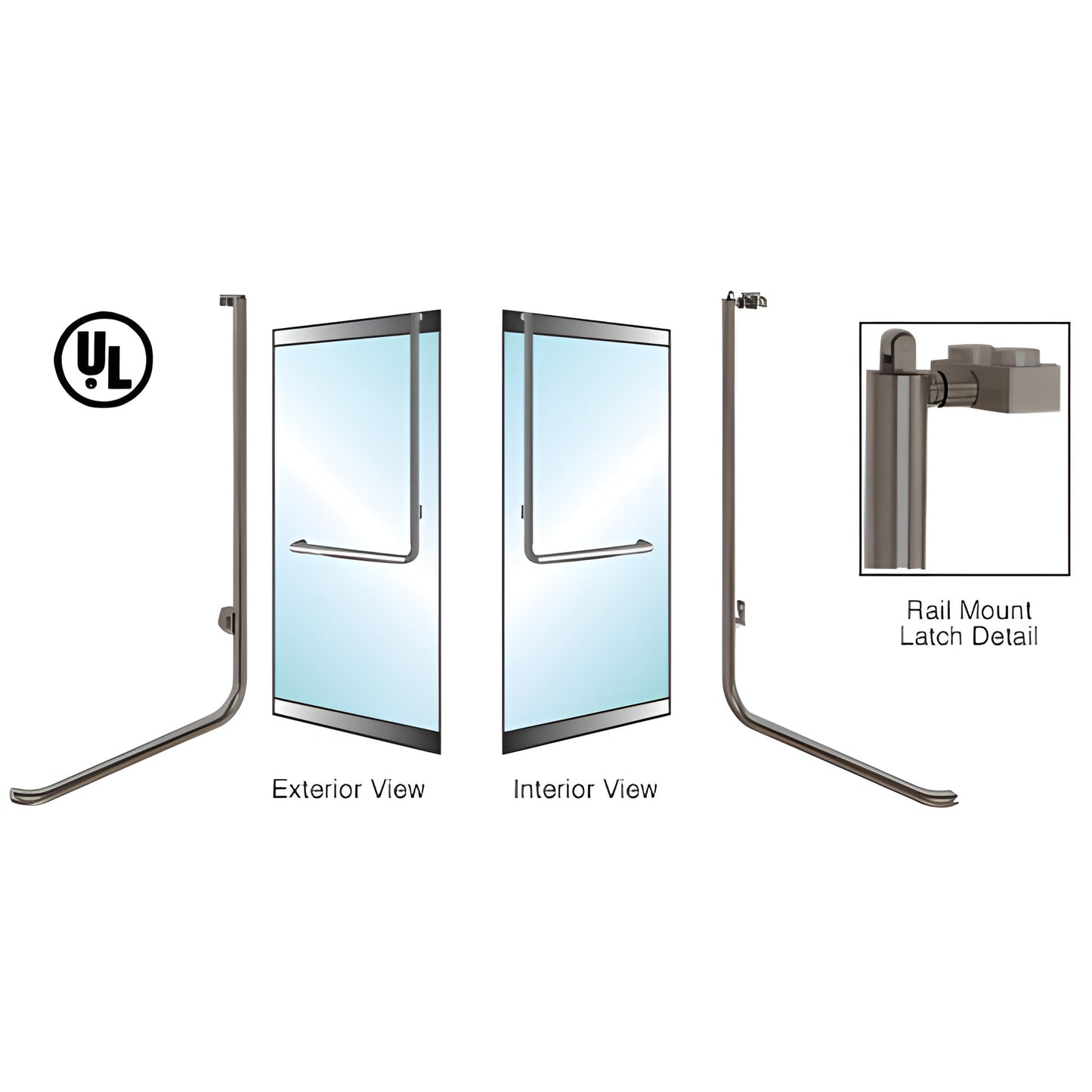 PA100D4LK0RB oil-rubbed bronze low-profile tubular panic rail-mount handle for 1/2-3/4" glass doors, exterior/interior views