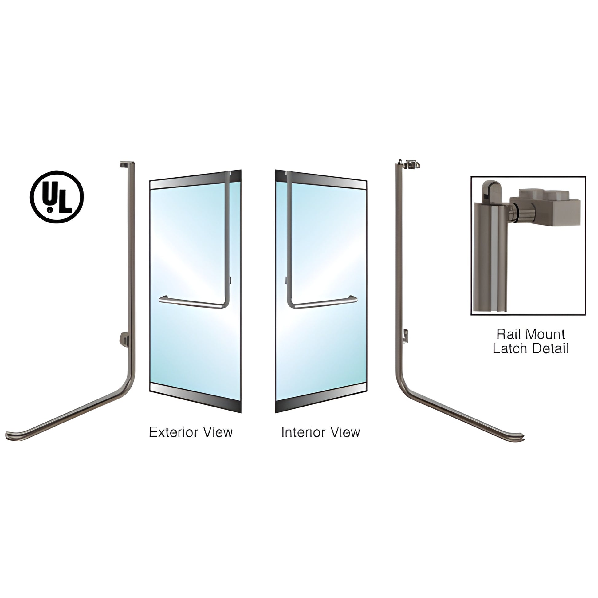 PA100D4LK0RB oil-rubbed bronze low-profile tubular panic rail-mount handle for 1/2-3/4" glass doors, exterior/interior views