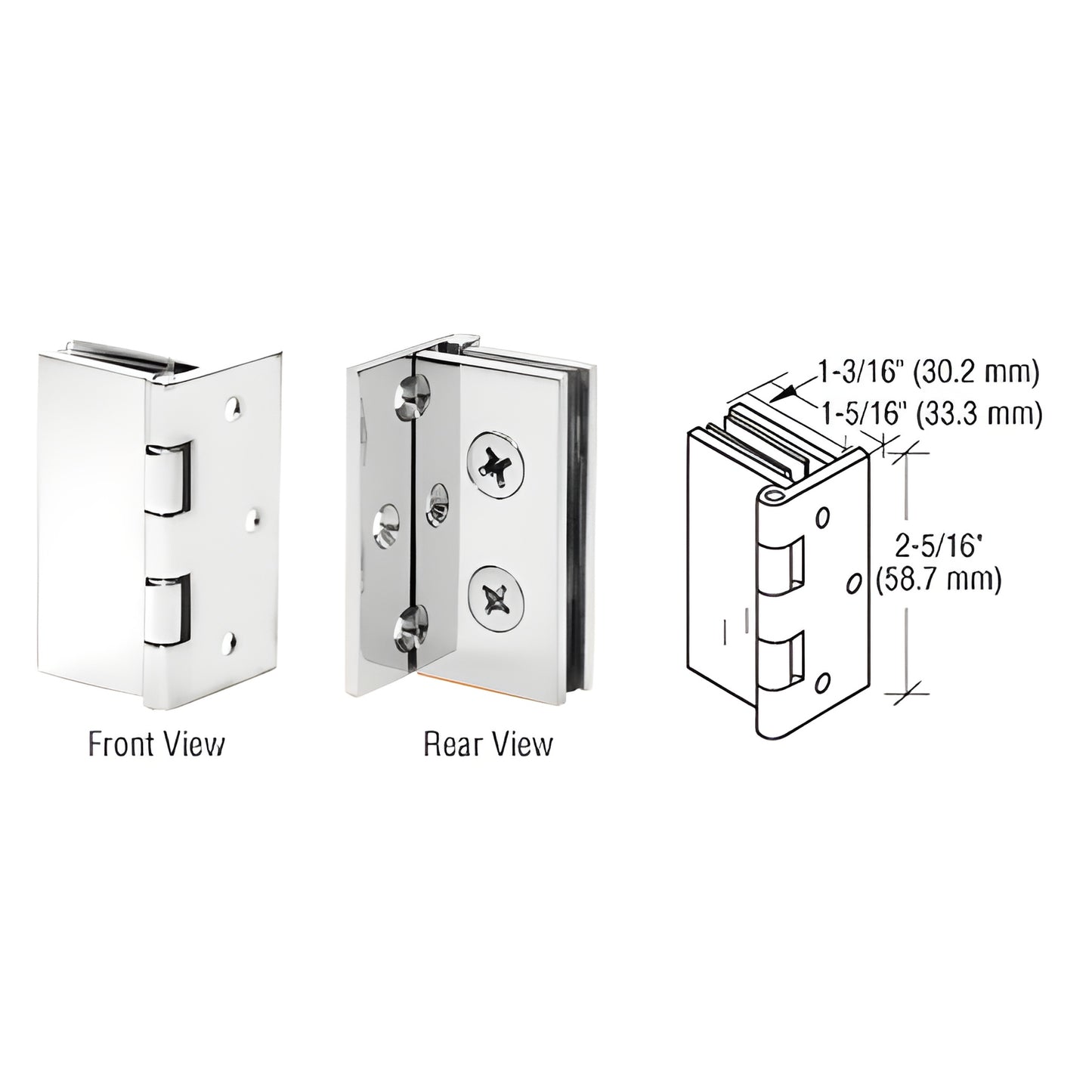 Polished chrome brass wall-to-glass hinge for 1/4-5/16 (6-8mm) tempered glass; front and rear views with dimensions.