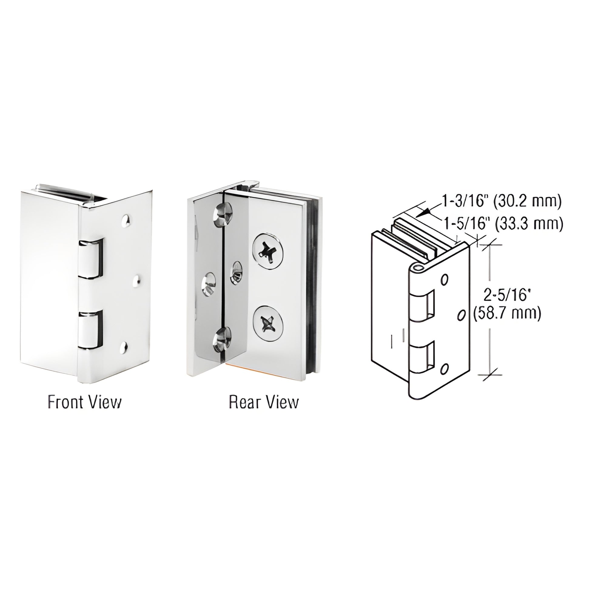 Polished chrome brass wall-to-glass hinge for 1/4-5/16 (6-8mm) tempered glass; front and rear views with dimensions.