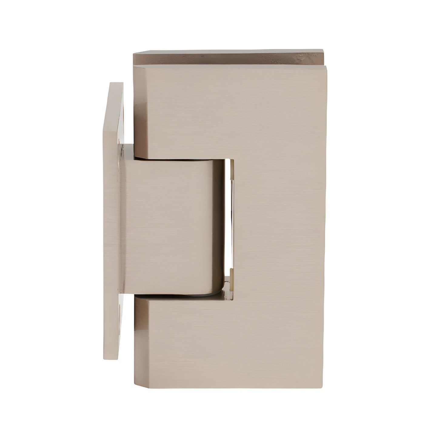 Brushed nickel Vienna shower door hinge (SKU V1E074BN) - short back plate wall-mount for 3/8-1/2 tempered glass.