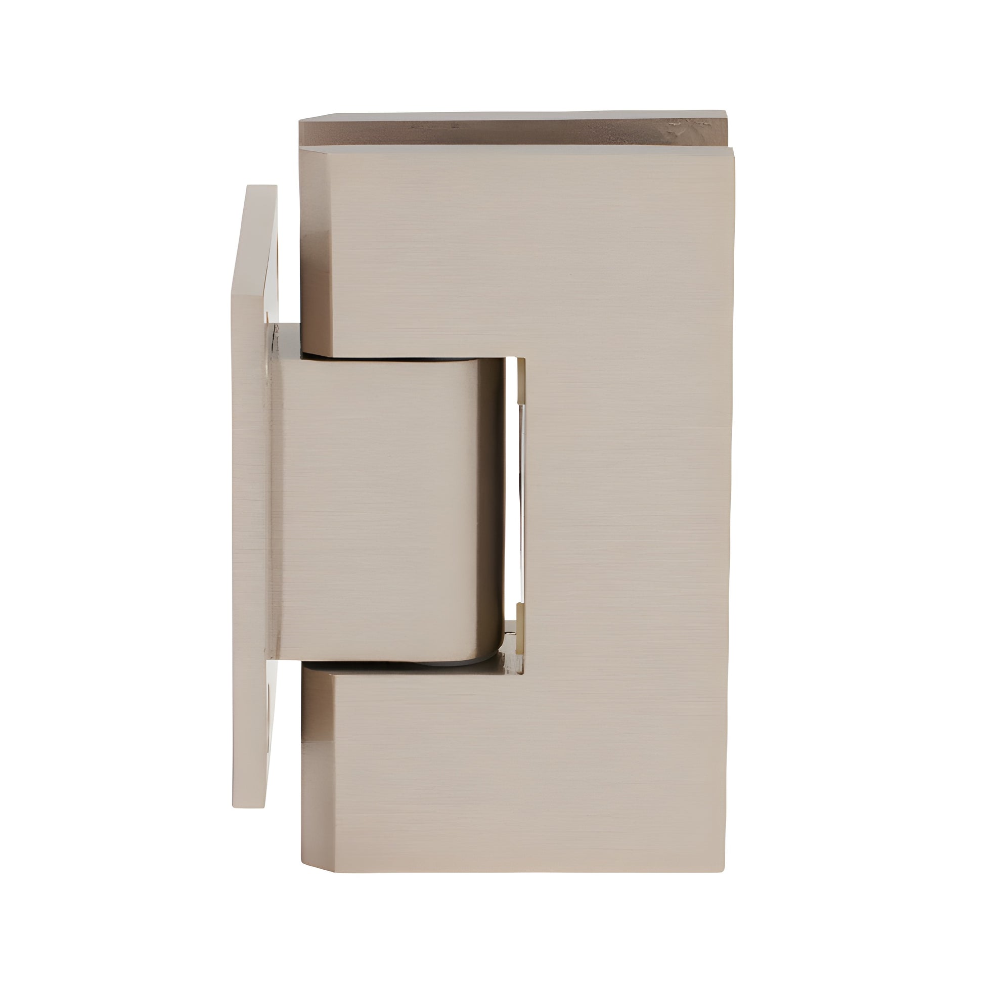 Brushed nickel Vienna shower door hinge (SKU V1E074BN) - short back plate wall-mount for 3/8-1/2 tempered glass.