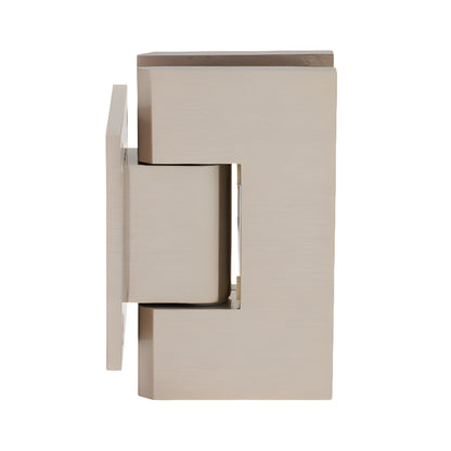 Brushed nickel Vienna shower door hinge (SKU V1E074BN) - short back plate wall-mount for 3/8-1/2 tempered glass.