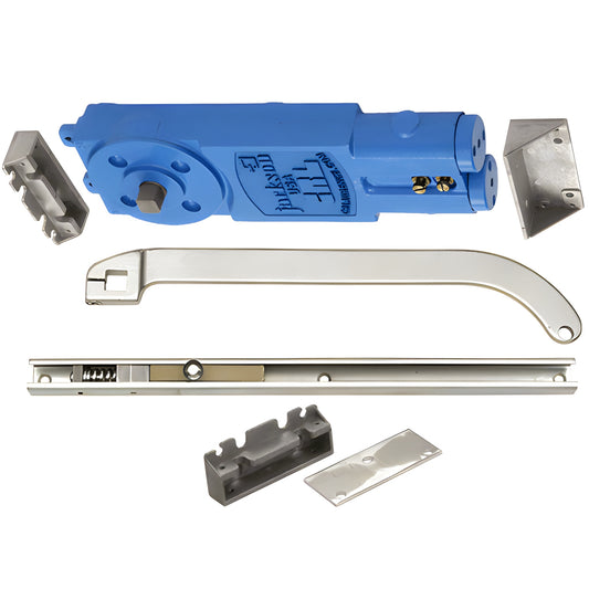 Overhead concealed door closer kit with blue closer body, aluminum U-offset arm, slide channel and brackets.