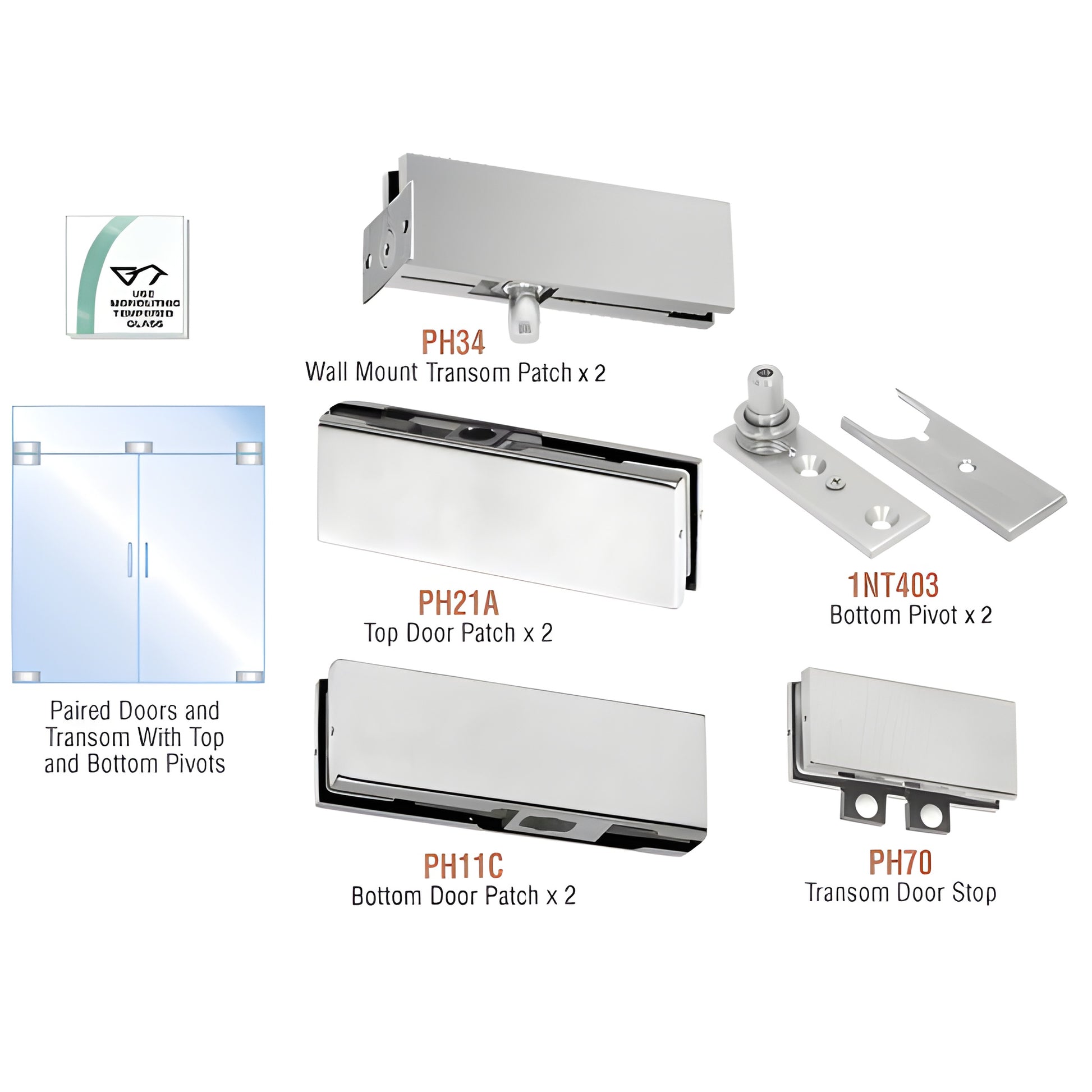 PHE6BS brushed stainless steel European double-door patch kit for 3/8 or 1/2 tempered glass, includes pivots/patches
