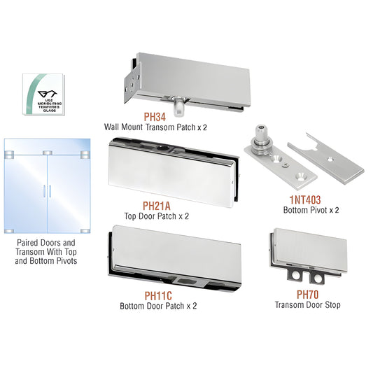 PHE6BS brushed stainless steel European double-door patch kit for 3/8 or 1/2 tempered glass, includes pivots/patches